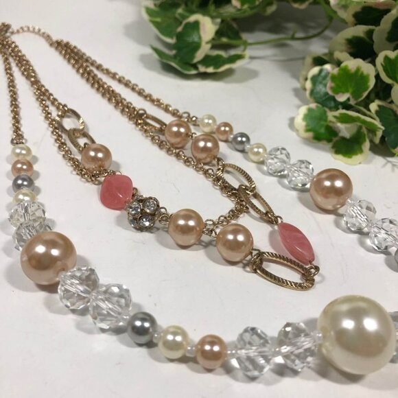 Multilayer Gold Chain Necklace Faux Pearl Crystal Beads Pink Accents Elegant - Picture 1 of 5